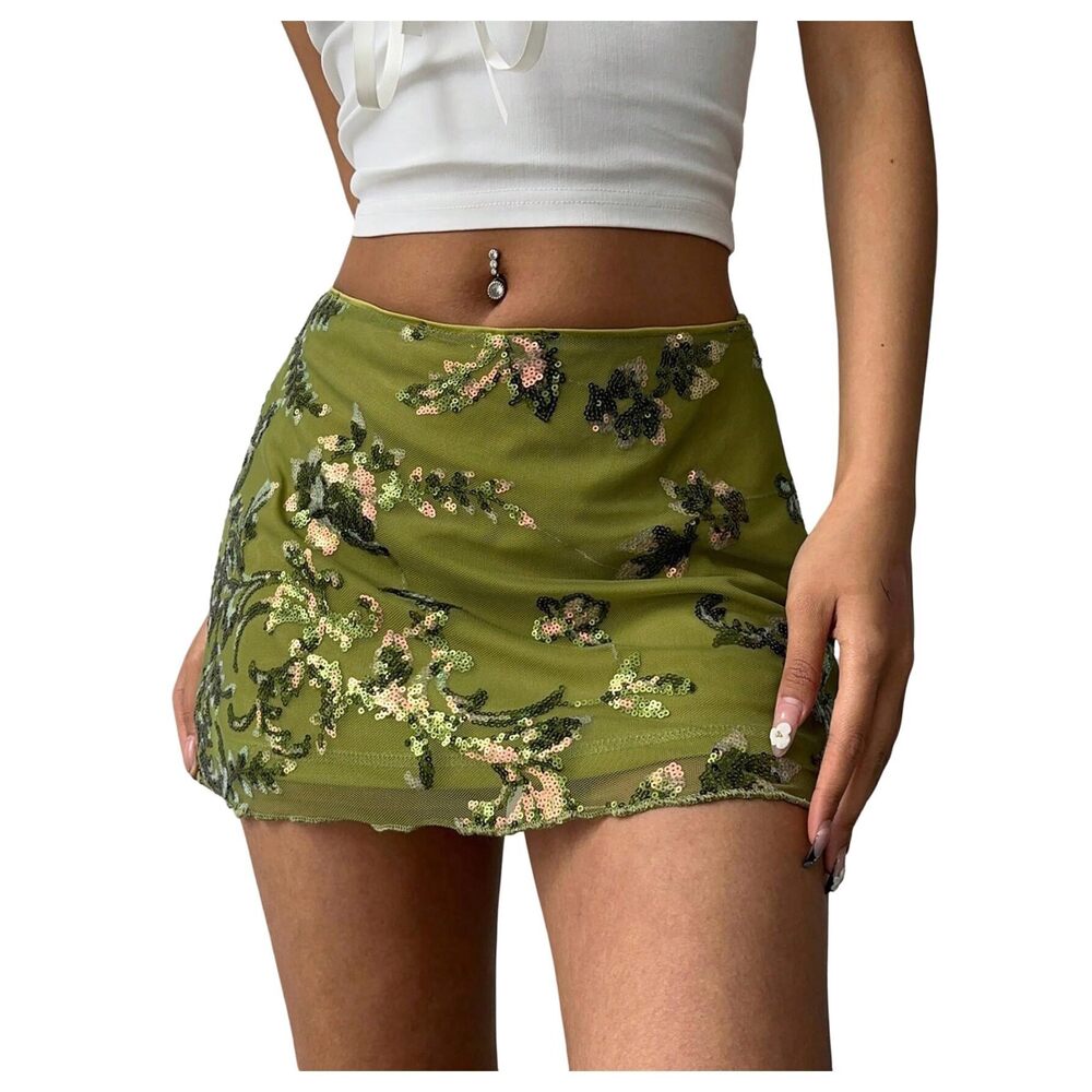 3632 Sequin Skirt Summer Floral Mesh Glitter Sparkly Mini Skirt Green Large - Picture 1 of 6